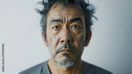 A middle-aged Japanese man who looks geeky and unkempt lacking energy
