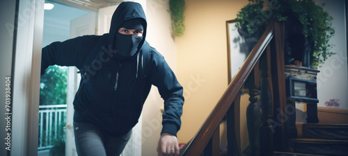 Masked burglary or thief breaking into a home opens the lock on the door, theft crime criminal case concept, Alarm system, Security system, Smart House and insurance