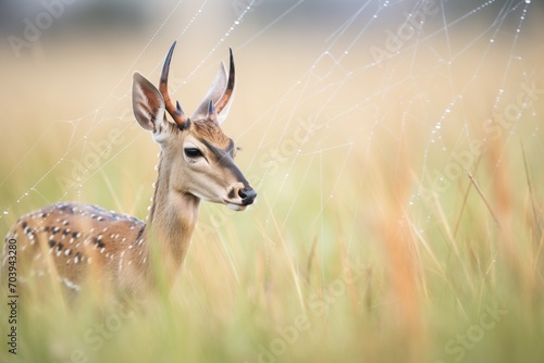 dew-covered spider web on grass near resting impala