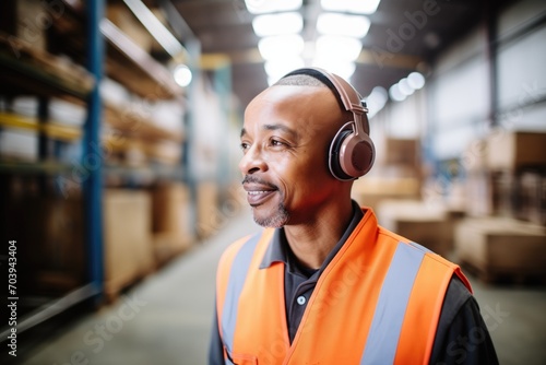 warehouse worker with headset coordinating inventory tasks