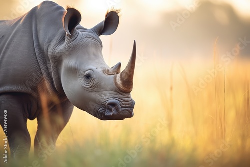 rhino with oxpeckers in golden hour light