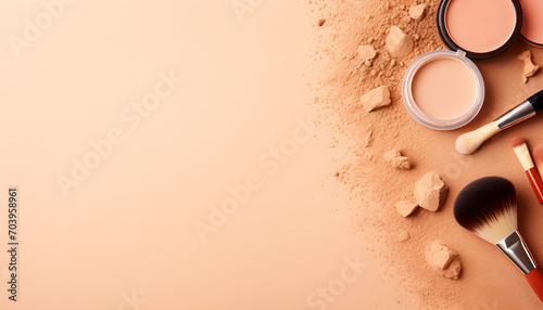 many cosmetics products for makeup on beige pastel background