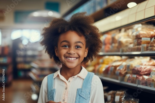 a happy african american child boy seller consultant on the background of shelves with products in the store
