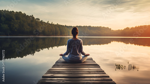 Young woman meditating on a wooden pier on the edge of a lake for improving focus