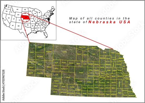 Map of all counties in the state of Nebraska USA