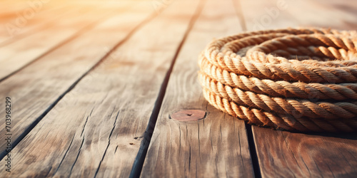 Vibrant rope coiled against the rustic texture of an old wooden deck