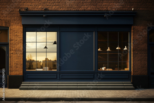 Blank frame mockup on a dark blue facade of a cafe with windows.