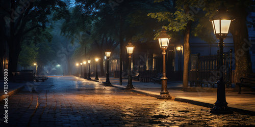 Old-fashioned lighting casting a soft glow on a quiet street at dusk