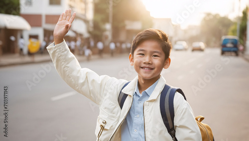 Smiling asian boy in white vest with a backpack waving his hand in the street of modern asian suburb on his way to school
