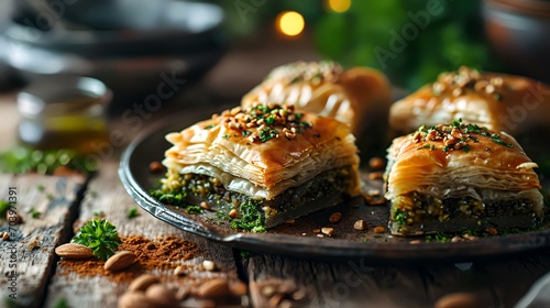 Traditional Turkish dessert baklava with cashews, and walnuts.