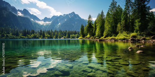 serene green lake nestled in the heart of towering mountains, under a clear, sunny sky