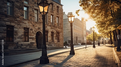 Sunlight bathes a picturesque street lined with historic stone buildings and elegant street lamps.