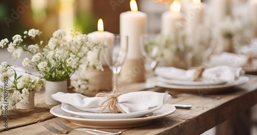 Rustic zero waste wedding decor with natural elements. Wooden table, candles, linen napkins, branches with green leaves. Generative AI