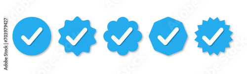 Set of verified badge. blue tick vector. Set of right symbol in zig zag style with blue and white color and shadows, Social media official account tick symbol, Vector icon