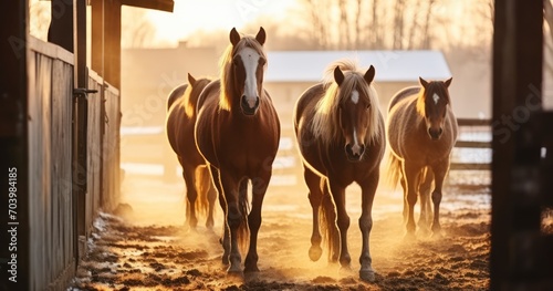 A Herd of Horses Stepping Out of the Stable on a Frosty Winter Day. Generative AI