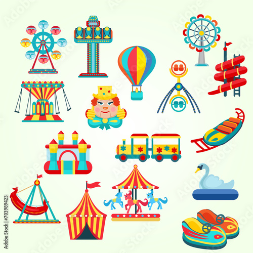 amusement park icons set carriage cirque clown event