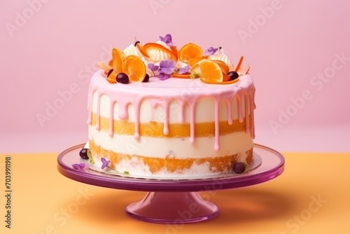  a cake sitting on top of a cake plate covered in icing and fresh fruit on top of a purple cake stand on a yellow table with a pink background.