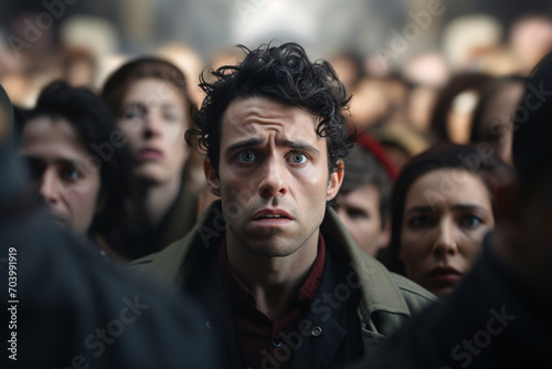 A man in a crowd of people with a sad or fearful facial expression