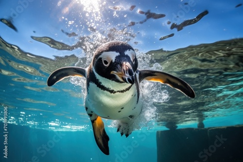  a penguin swimming in the water with its head above the water's surface and its head above the water's surface, with sunlight shining on the water surface.