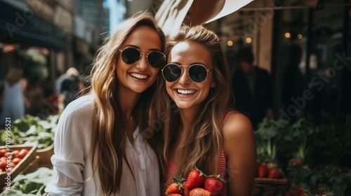 Two young women with sunglasses smiling and holding strawberries at a market