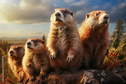 A groundhog family on Groundhog Day to announce spring. Weather prediction in february