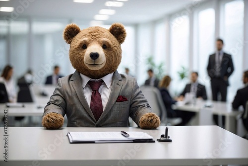 suited tedy-bear on the desk, illustrating a playful touch to office decor, promoting a friendly office environment, business buddy
