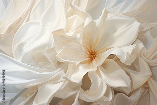 a white flower with a brown center surrounded by white draperies and a light brown center in the middle of the image, with a light brown center in the middle of the center of the image.