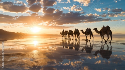 Caravan of camels on the salt lake at sunrise.