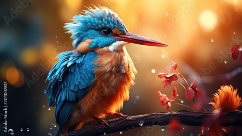  a colorful bird sitting on a branch with water droplets on it's wings and a blurry background of red, yellow, and blue flowers and water droplets.