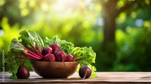  a bowl of radishes and lettuce sitting on a wooden table in front of a blurry background of trees and a wooden table with a bowl of radishes in the foreground.