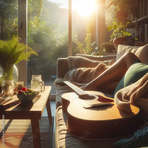 A relaxing scene of a guitar resting on a sofa, enjoying the sunlight and the greenery