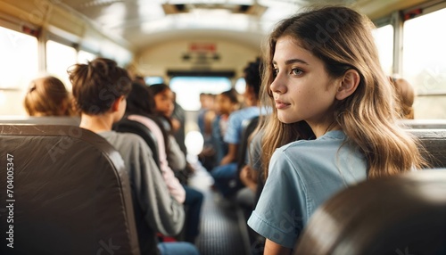 School bus interior with young teenagers traveling to school