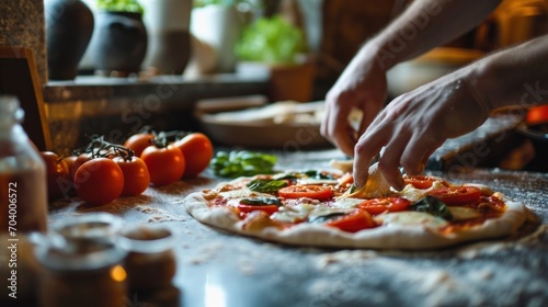  a close up of a person cutting a pizza on a table with tomatoes and basil on the table and a knife in the middle of the pizza on the table.