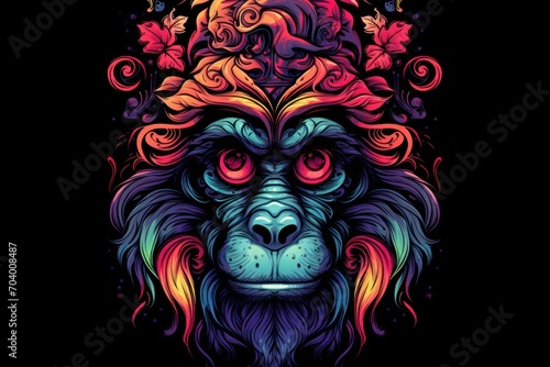  a colorful monkey's head with a crown on it's head, surrounded by butterflies and swirls, on a black background, with a dark background.