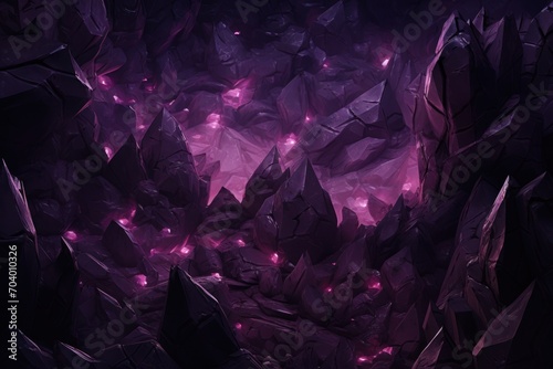  a computer generated image of a cave with rocks and purple lights in the center of the cave is a dark cave with rocks and purple lights in the center of the cave.