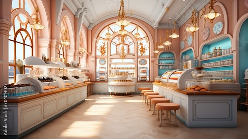 Pink and white bakery interior