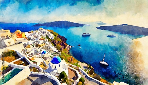 aerial watercolor painting of santorini greece a scenic cultural destination