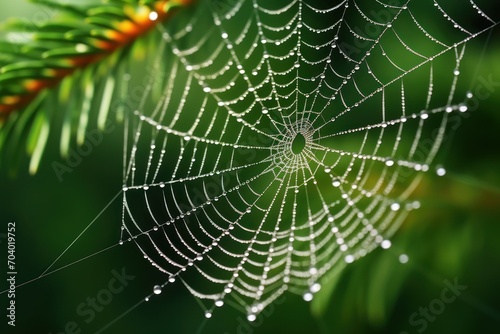  a close up of a spider web on a tree branch with drops of water on the spider's web in the center of the web, with a blurry background.