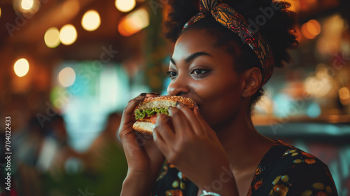 Black woman bites a burger sandwich