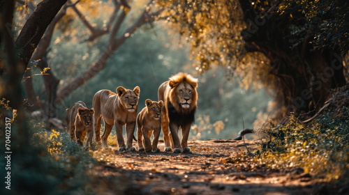 Family of lions in the morning forest