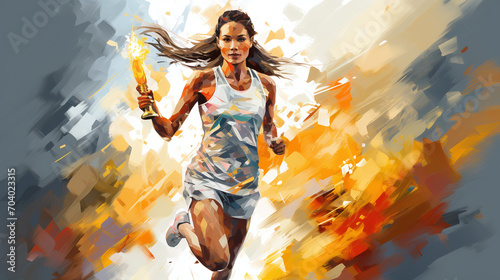 female athlete carries the olympic torch in watercolor style