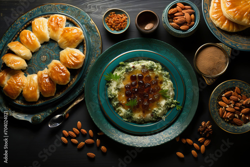 Ravishing Ramadan Delights. Tempting Treats and Exquisite Dish Preparation, Flat Lay