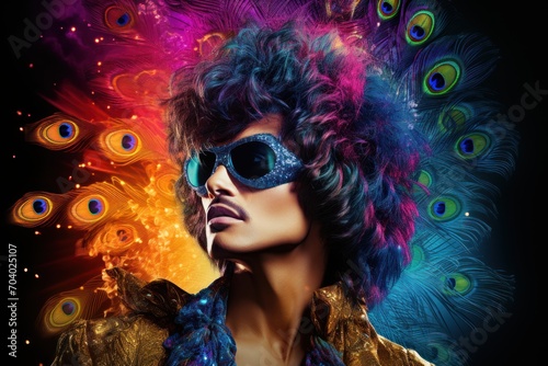  a woman with sunglasses and peacock feathers on her head, in front of a multicolored image of a woman with sunglasses and peacock feathers on her head, in front of a black background.