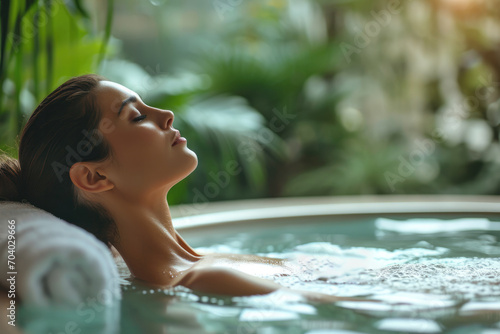 A girl at the spa relaxes in the hot pool