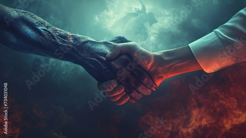 Handshake between man and devil symbolizes risky deal or dangerous business arrangement. Hand of human and demon is metaphor for bad contract or unethical way of managing company