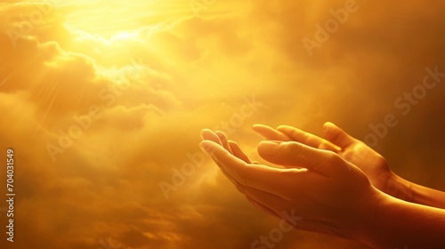 Praying hands with faith in religion and belief in God on blessing background