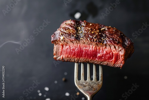 Close-up of a juicy steak stabbed on a fork