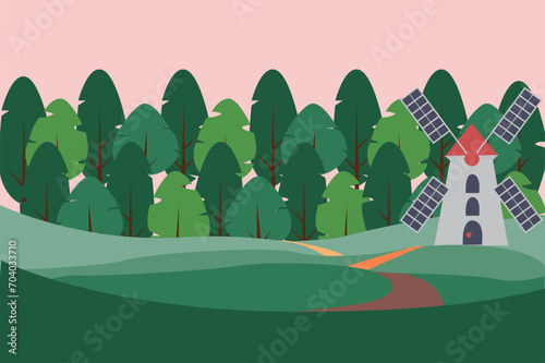 Vector image of trees and a mill. With fields of wheat.