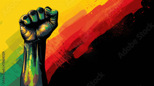 Black History Month background. Black power hand fist over red yellow green black colors background