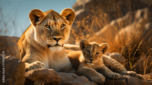 Lioness with cub are resting on the rocks, AI Generative.